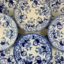 Creil et Montereau Faïence Blue & White Flora Plates, S/8 - SOLD